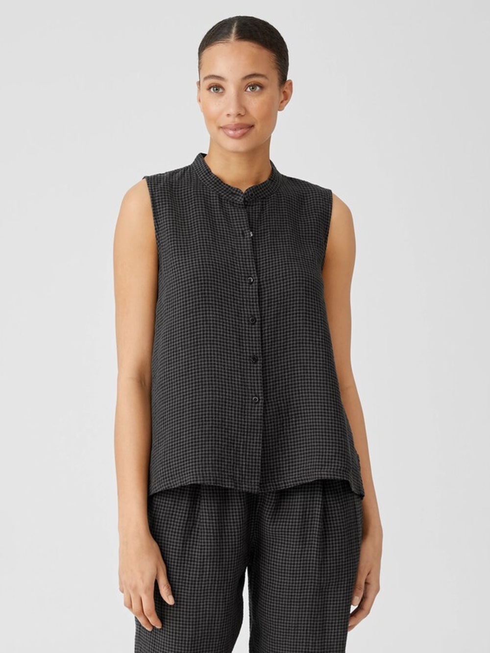 Eileen Fisher Black/ Gray Gingham Sleeveless Button Down Shirt Organic Linen S